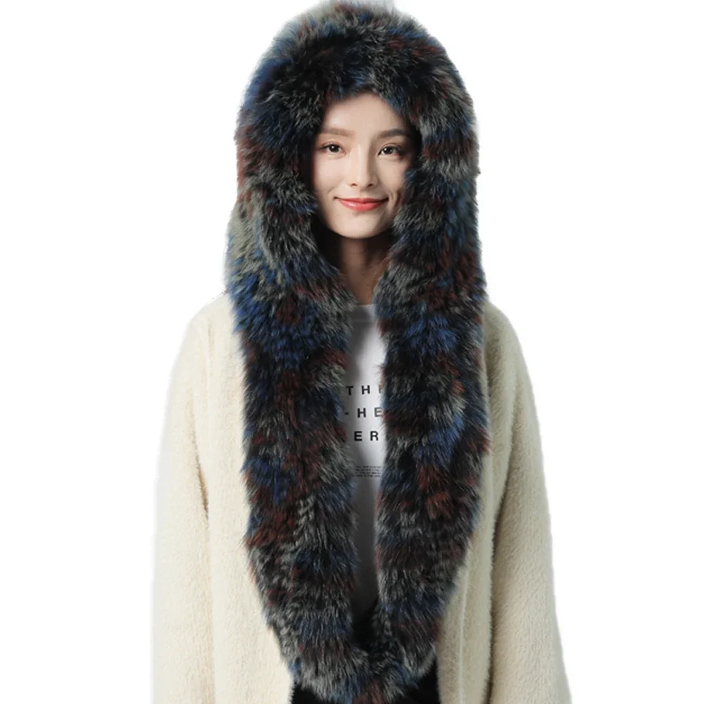 Real Fox Fur Scarf Hat One Pieces Women Winter Warm Snow Cap Fluffy Soft Multi White Black Brown