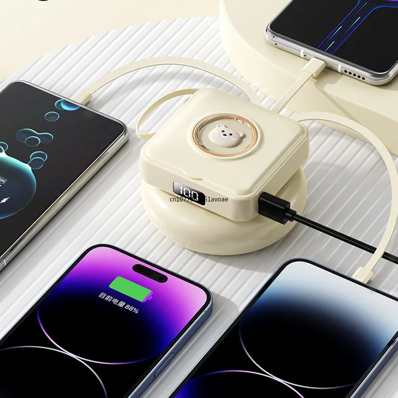 20000mAh Power Bank with Makeup Mirror Digital Display External Battery Charger Built in Cable for iPhone 16 15 Xiaomi Powerbank