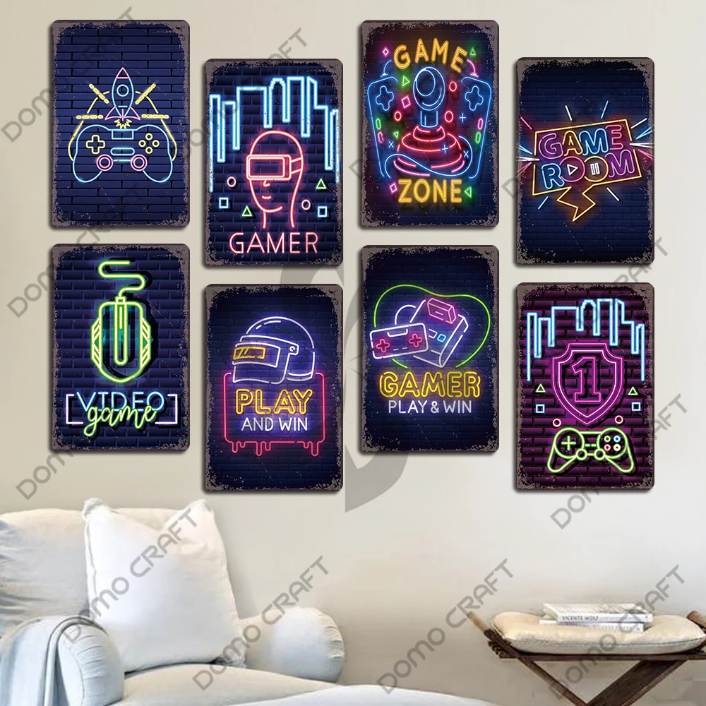 Neon Video Game Poster Metal Plate Gamer Play Win Game Zone Metal Tin Signs Retro Wall Decor Game Room Bar Pub Man Cave