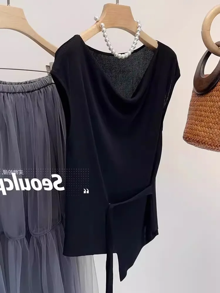 Top de Punto de Seda de Hielo, Sin Mangas, Informal, Color Puro, Estilo Casual, Tendencia de Moda Verano 2025, Corte Regular,...