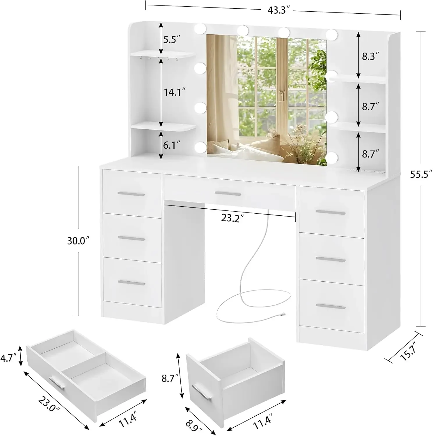 Large Vanity Desk with LED Lighted Mirror & Power Outlet,Makeup Vanity Table with 7 Drawers,4 Shelves and 5 Hooks