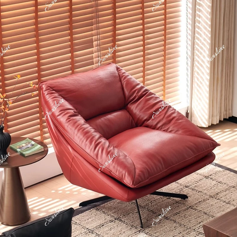 Premium first-layer cowhide sofa chair 360-degree rotating light luxury living room balcony leisure lounge chair