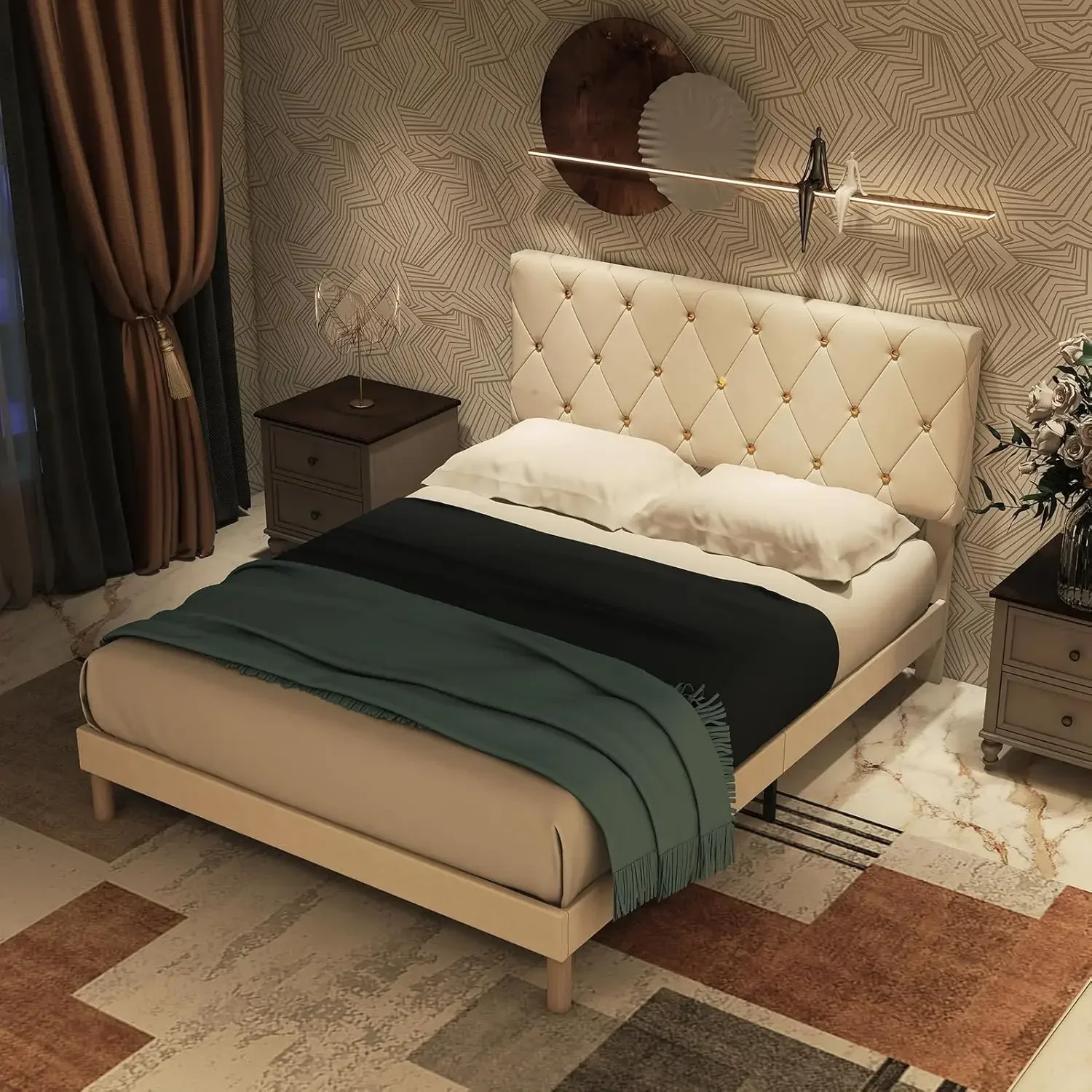 Bingkai tempat tidur ukuran Queen, Platform berlapis kain beludru dengan Headboard, perakitan mudah, tidak ada kotak pegas yang diperlukan, anti-selip dan bebas kebisingan