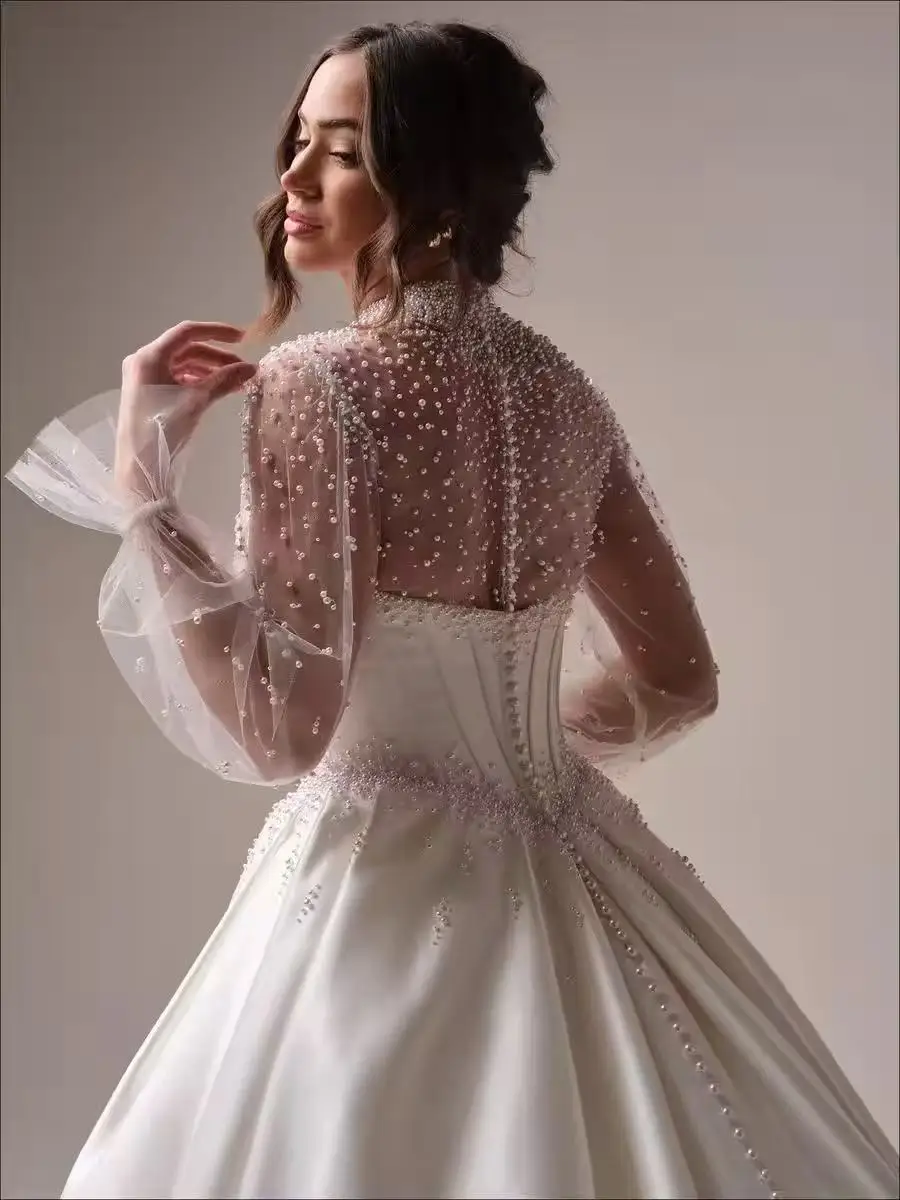 فساتين زفاف بيضاء رائعة مع سترة خرز مزينة بالدانتيل فساتين زفاف مصنوعة حسب الطلب بأزرار خلفية سويب تراين رداء دي ماري