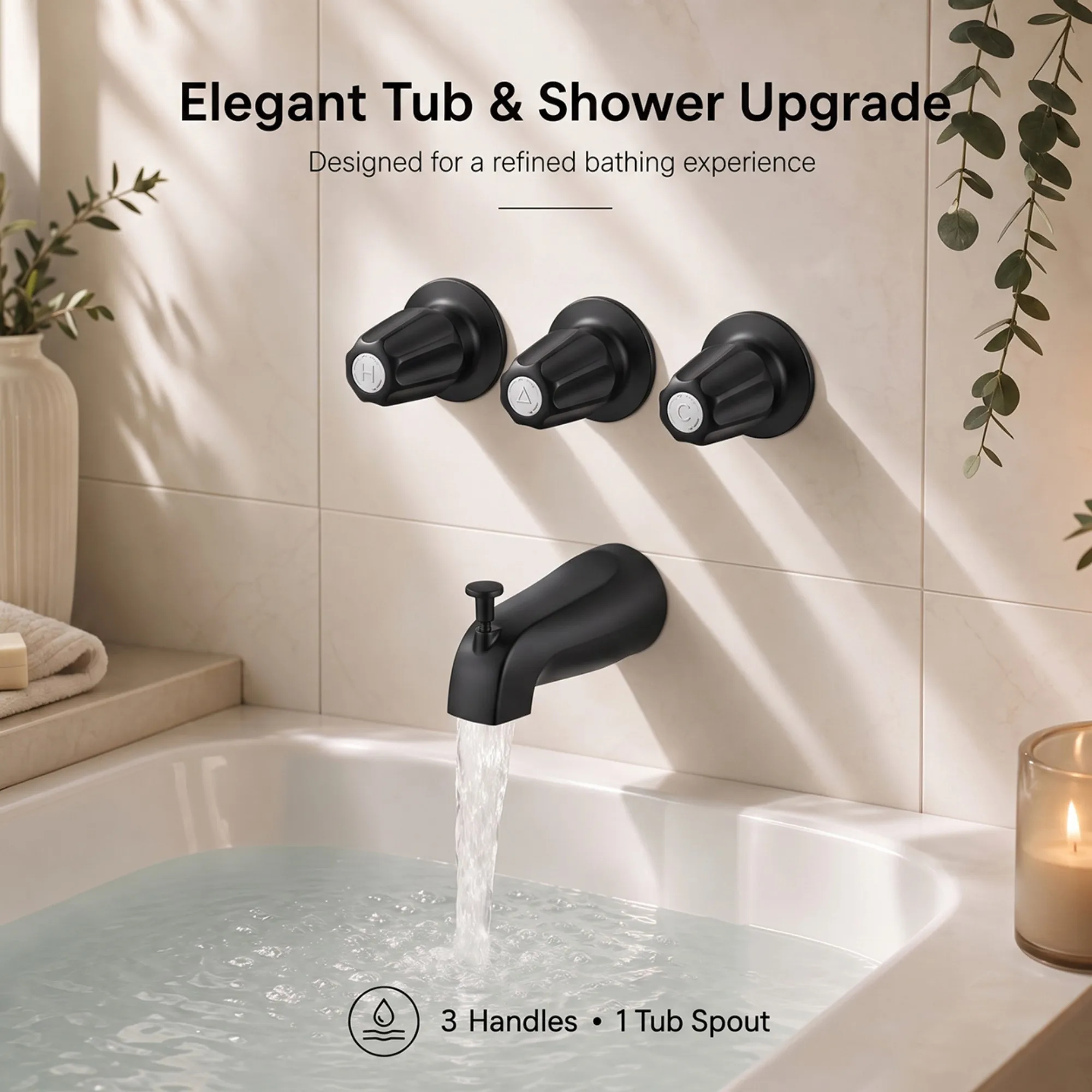`3 Pack Shower Knob Kit, Matte Black Bathtub Faucet Handle Replacement, 12-Tooth Valve Stem Compatible Tub Spout and Handle Trim Kit for Bathroom`