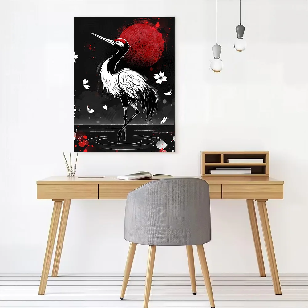 Crane and Red Moon Illustration Canvas Poster Customizable Printed Canvas Painting Wall Art for Fans Bedroom Decoration Pictures