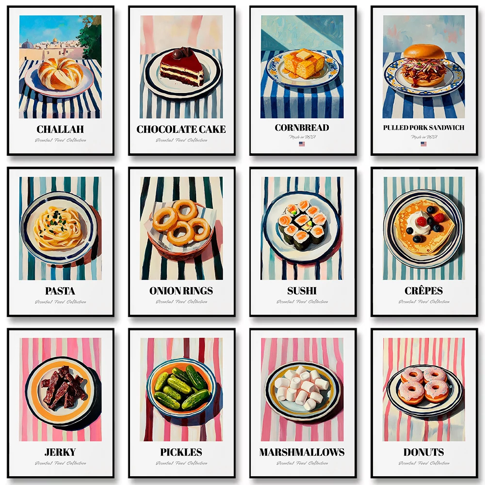 Retro Kitchen Famous Local Delicacies Pasta Burger Dessert Canvas Painting Wall Art Poster Picture Home Decor Mural Cuadros