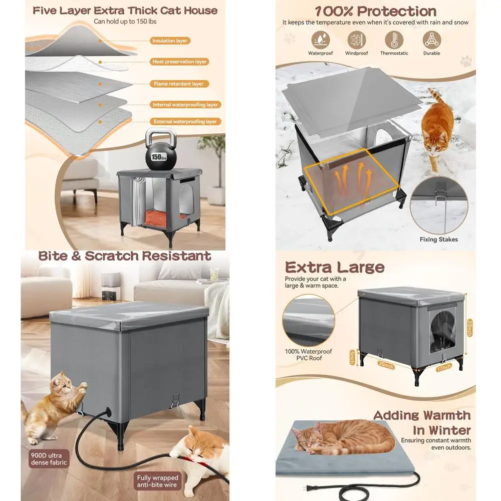 

Складной изолированный уличный кошачий домик с водонепроницаемой крышей и термостатической грелкой для зимы, подходит для бродячих кошек (серый)