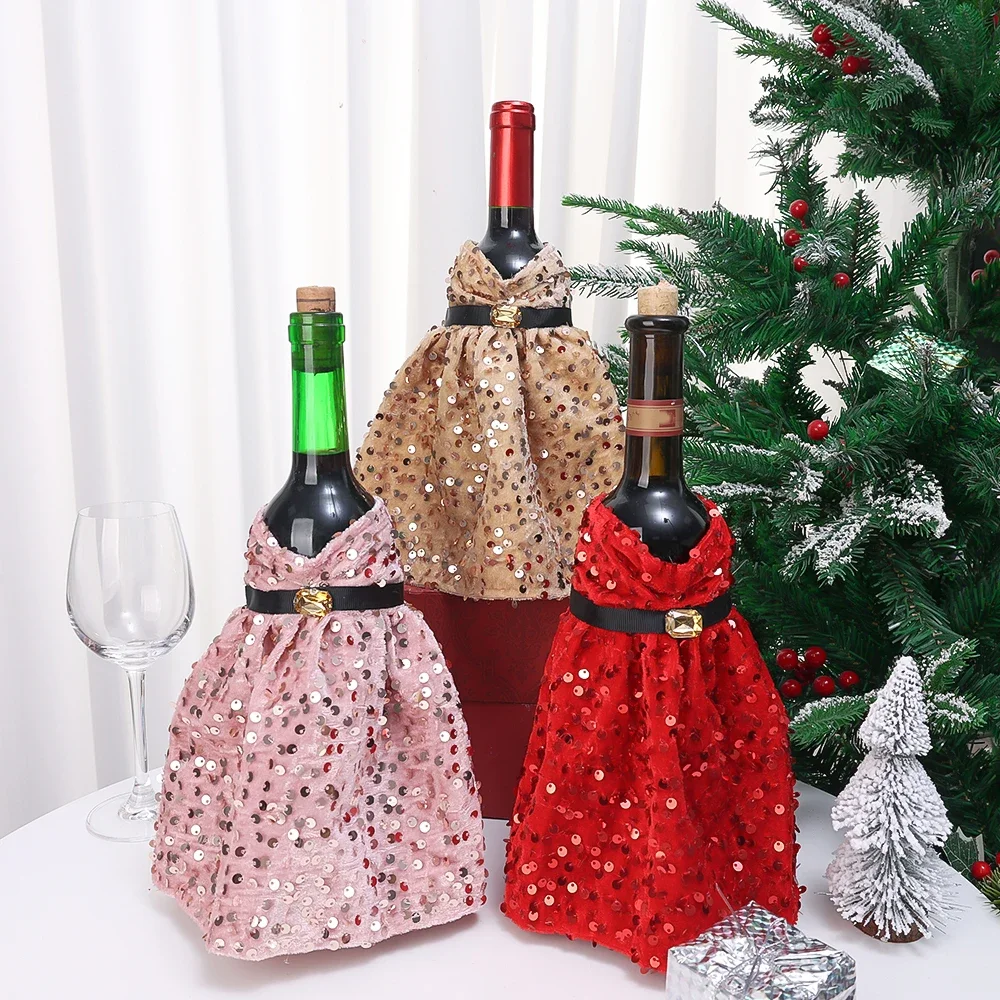 Christmas Wine Bottle Cover Glittering Sequins Dress Wine Bottle Covers Dinner Table Bottle Bags New Year Party Gift Home Decors