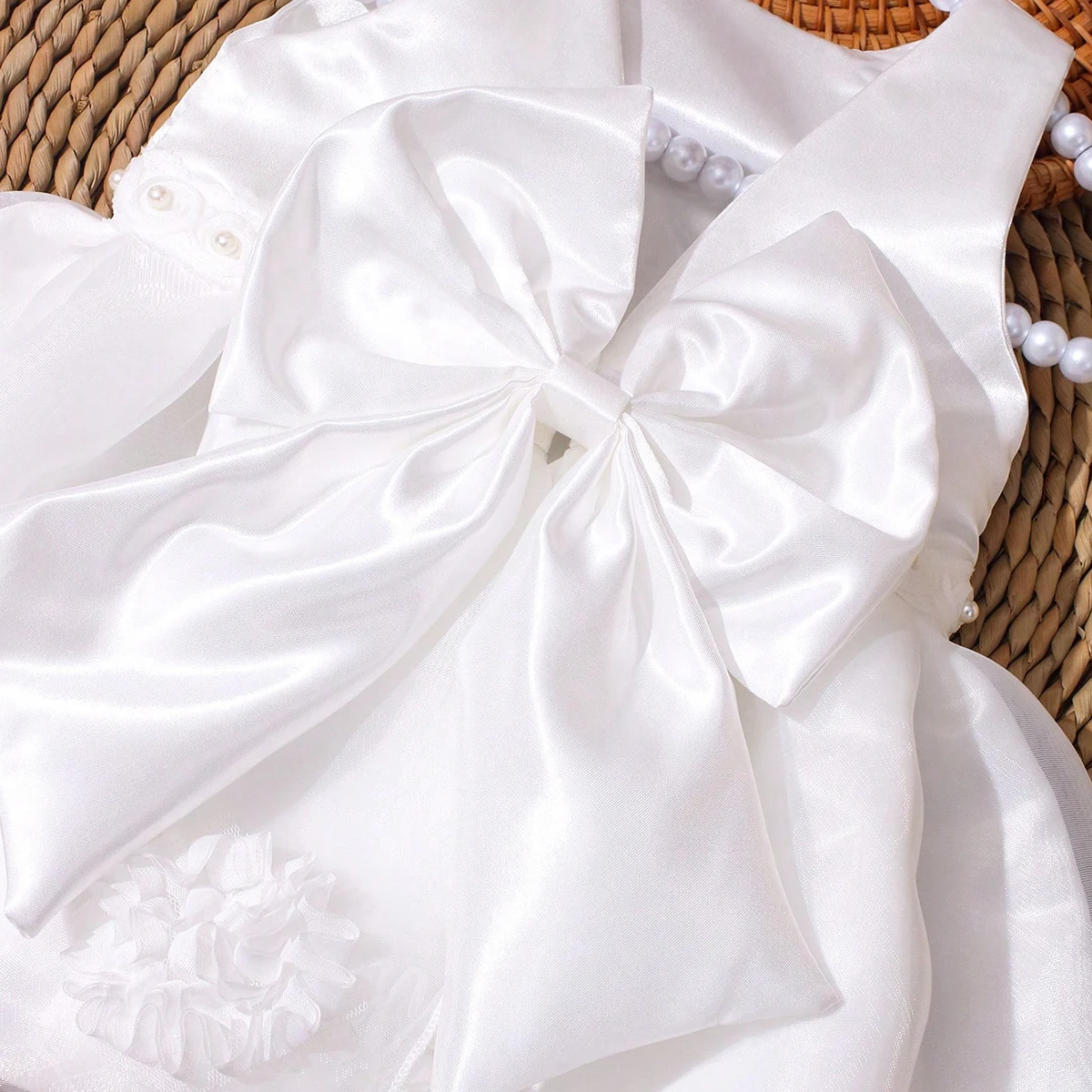 Ylsteed 2Pcs Set White Newborn Girl Dress For Photo Shooting Big Bowknot Baby Photography Dress With Pearl Headband image 4