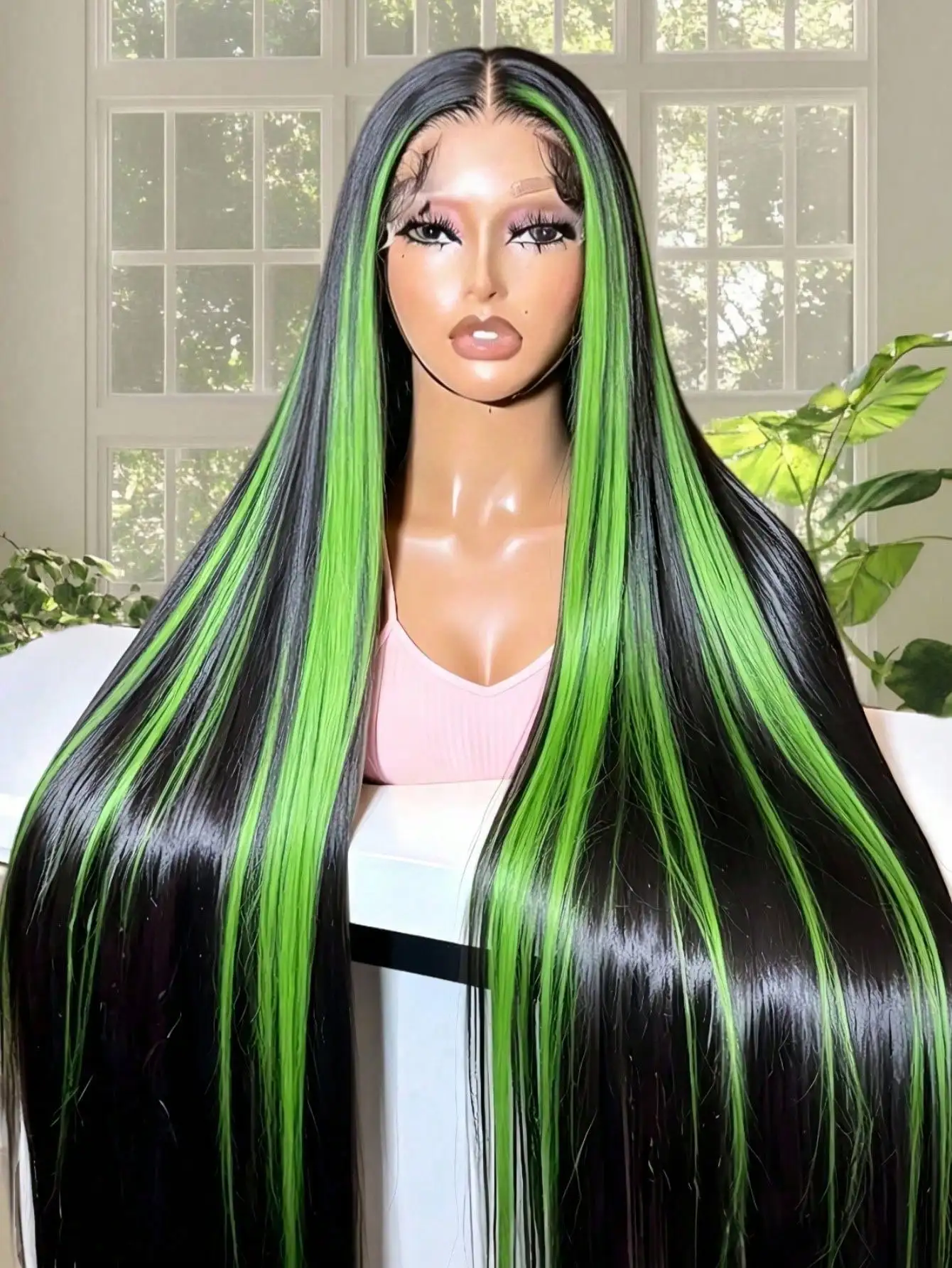 

Highlight Green Lace Front Wigs Long Straight Human Hair 13x4 HD Transparent Lace Front Wigs Human Hair 200 Density Natural Straight Frontal Wigs for Women Ombre Green Pre Plucked Glueless Natural Hairline with Baby Hair Ear To Ear Long Hairline