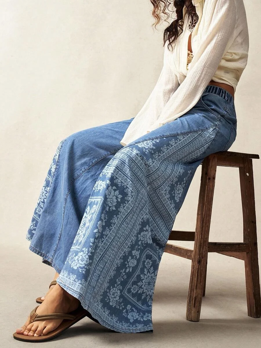2026 Neue Damen-Jeans mit Blumenmuster und Patchwork, Übergröße, Locker Geschnitten mit Taschen, Lässige Vintage-Denim-Hose mit Weitem Bein – Detail 4