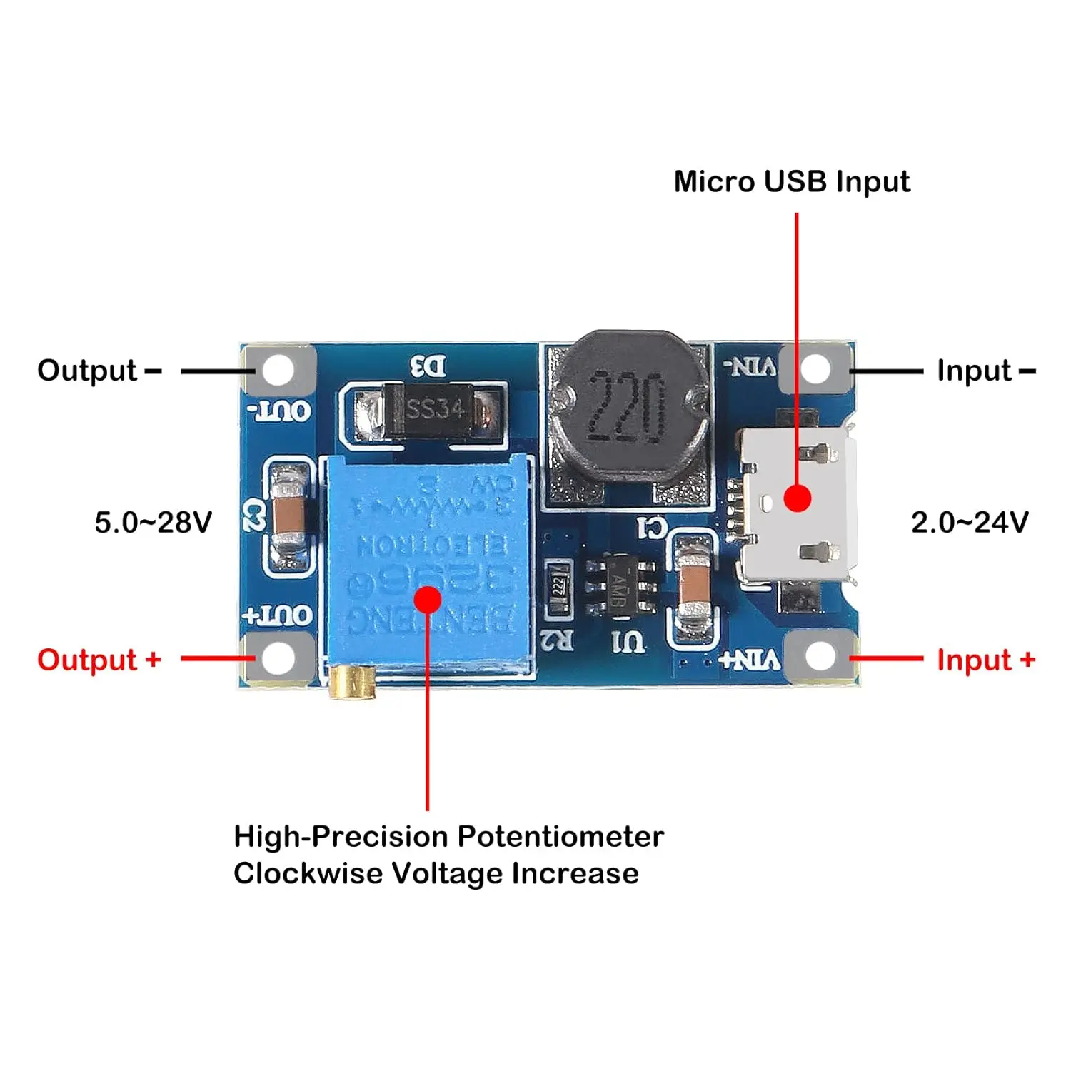 10/20pcs MT3608 Adjustable Step Up Module Voltage Regulator micro usb plug 2V-24V to 5V-28V 2A Step-Up DC-DC Boost Converter