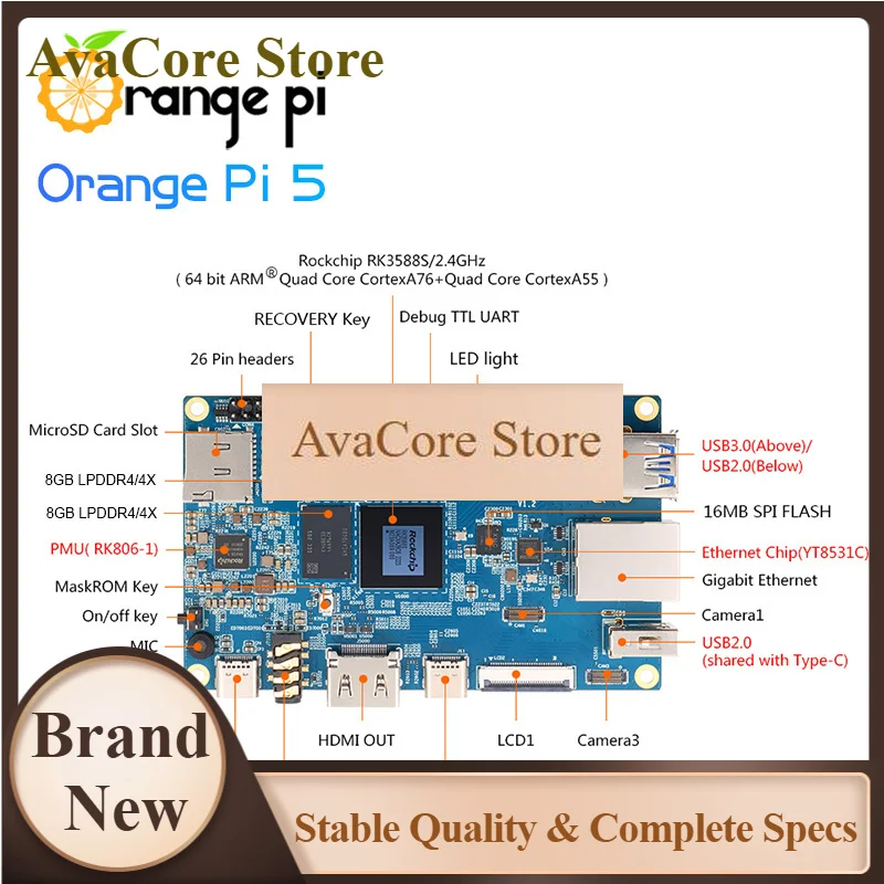 AvaCoreOrange Pi 5 16GB SBC+WiFi6 BT5.0 Module+Metal Case+ 5V4A Type-C Power Supply 4pcs Sets RK3588S Gigabit Ethernet Mini PC S