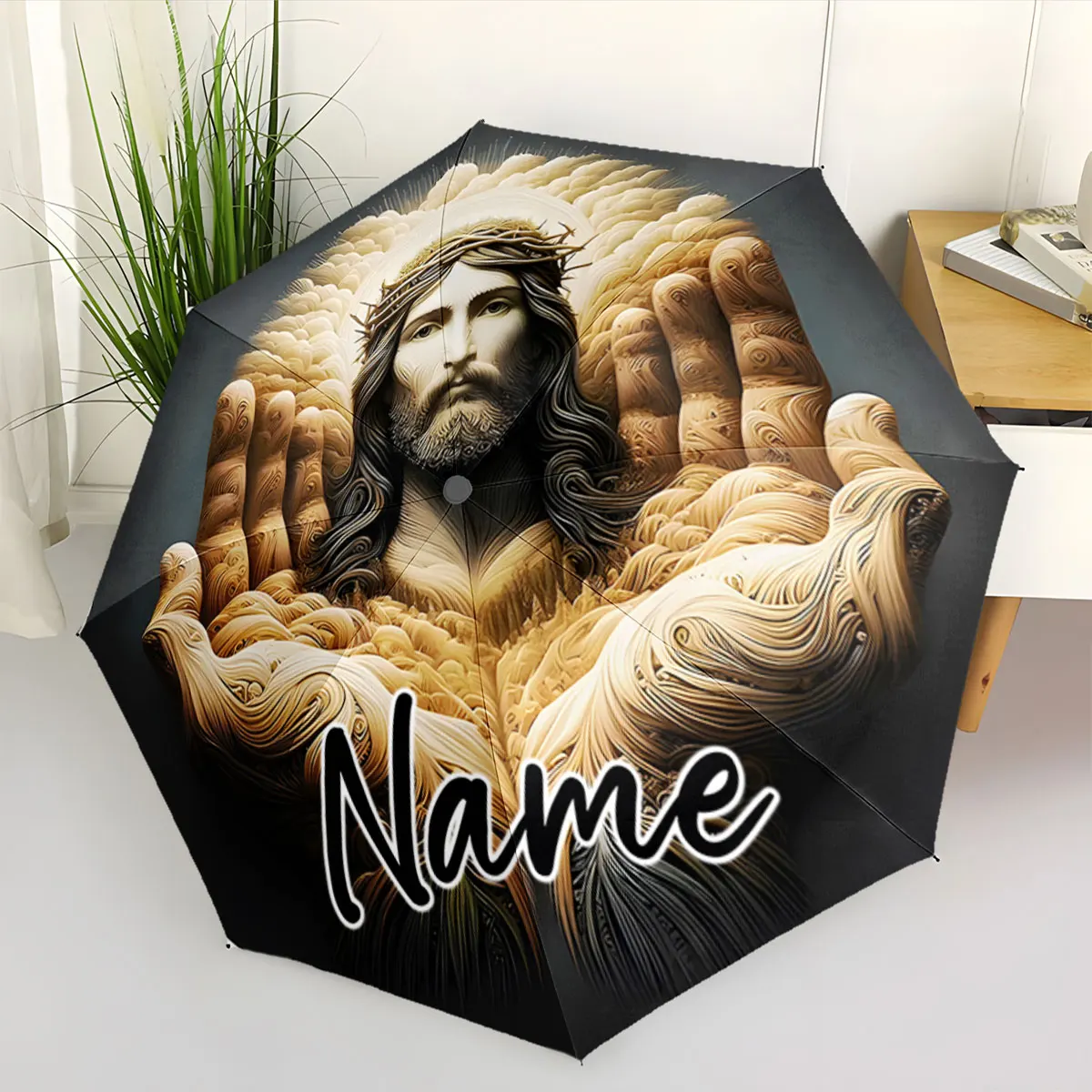 Custom Name Umbrella Serene Hands Design on Umbrella Print 8 Iron Ribs Folding Umbrella Auto-Open Fashion Sunshade