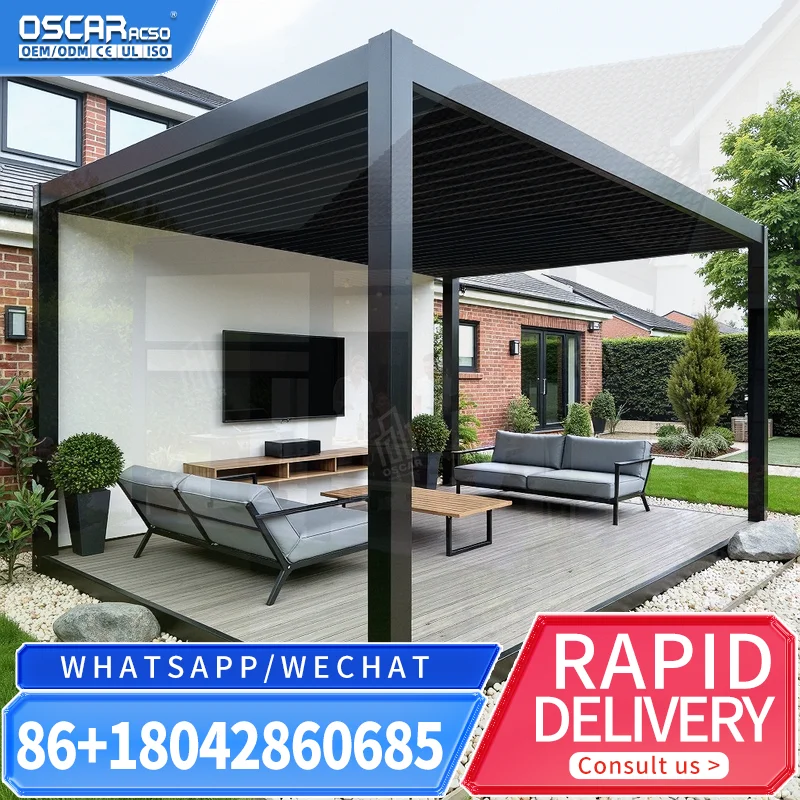 

Новая дизайнерская моторизованная алюминиевая пергола с раздвижными стеклянными ролетами, роскошная и стильная, для улицы, патио, сада, заднего двора