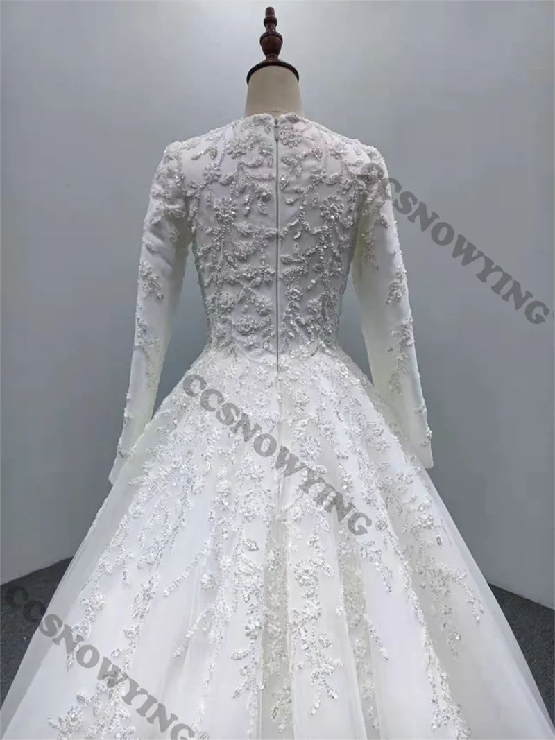 Elegante Appliques Kralen Moslim Trouwjurk Voor Bruid Lange Mouw Islamitische Bruidsjurken Ronde Hals Vrouwen Arabic Robe De Mariée