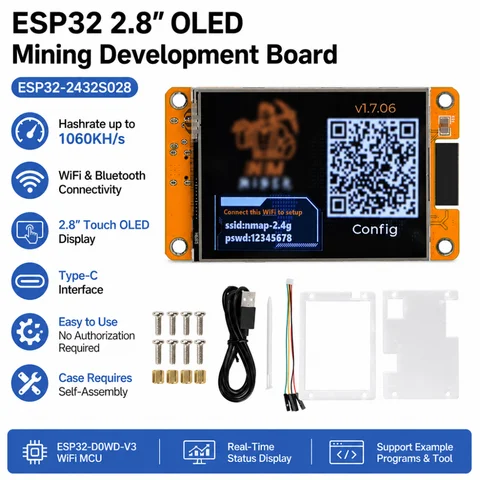 ESP32 WiFi Bluetooth Smart Development Board, ESP32-2432S028 2.8-inch OLED Touchscreen Development Board, ESP32-D0WD-V3 WiFi MCU Development Board, Maximum Hashrate of 1060 KH/s, Suitable for Hashing operations, Type-C Port