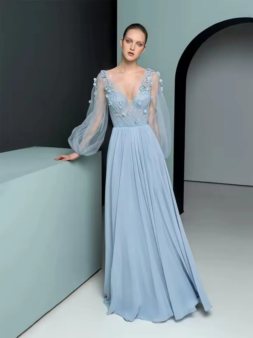 

Customized Elegant V-neck Prom Dress Fluffy Long Sleeved 3D Flower Wedding Party Gown A-line Tulle Floor Length Formal Evening