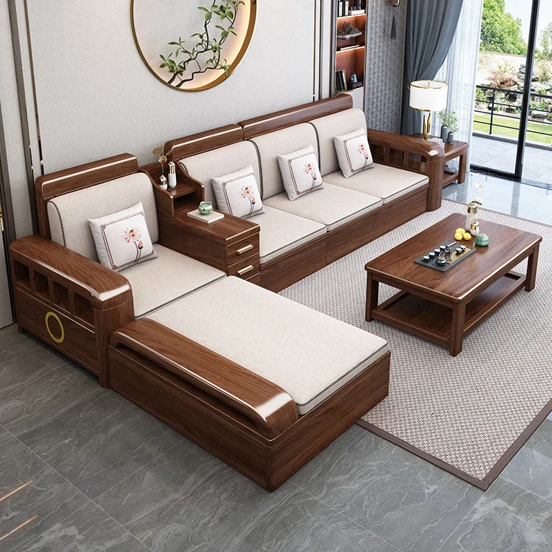 

Golden silk walnut sofa bedroom living room new Chinese solid wood combination winter and summer dual-purpose log storage