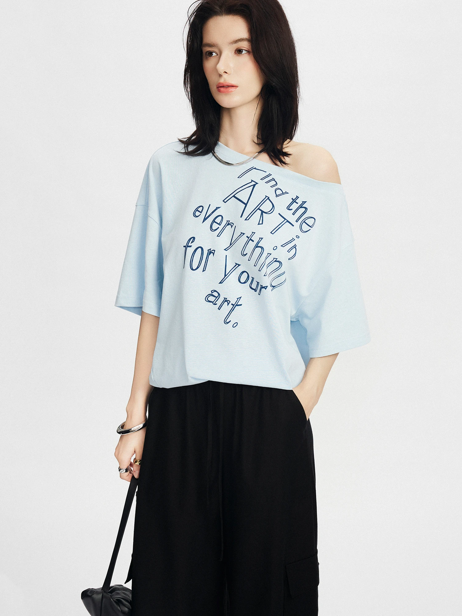 

Loose One-oulder Knitted Cotton Linen Blend T-irt Women's Casual Sle ort Sve Print Top Simple Faion Design