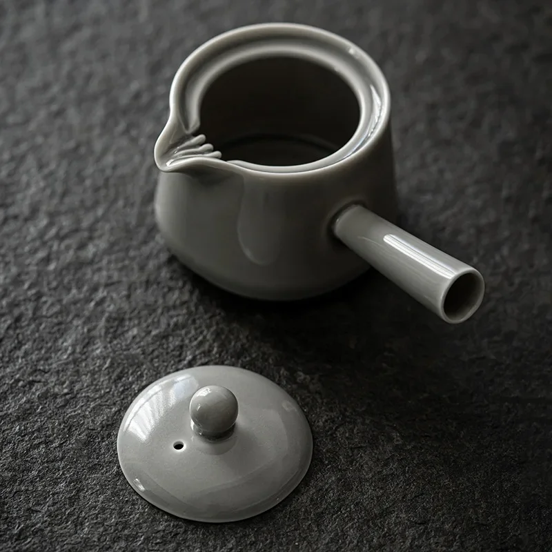 Ceramic Side Handle Pot Japanese Style Handmade Ice Gray Glaze Little Teapot KungFu Tea Set Tea Making Single Teapot Tea Infuser