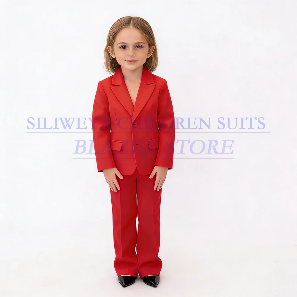 

Роскошные красные костюмы для девочек, модные однобортные детские наряды с острым лацканом, комплекты детской одежды из двух предметов на заказ, куртка и брюки