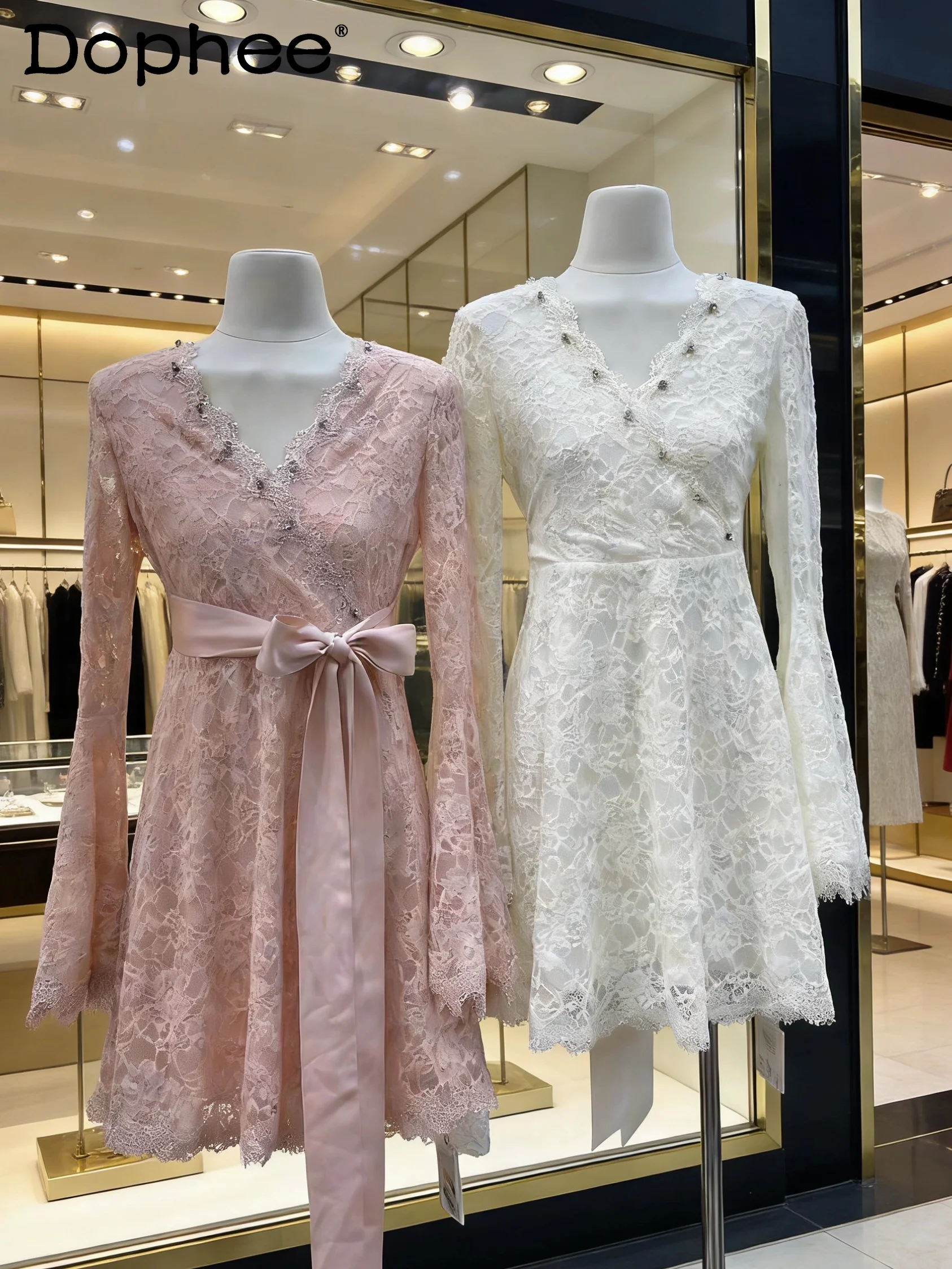 

2026 New Pure Lust Sexy Lace Long Sleeve Temperament Slim Fit Dress Elegant Lady Versatile Trumpet Sleeve Dress