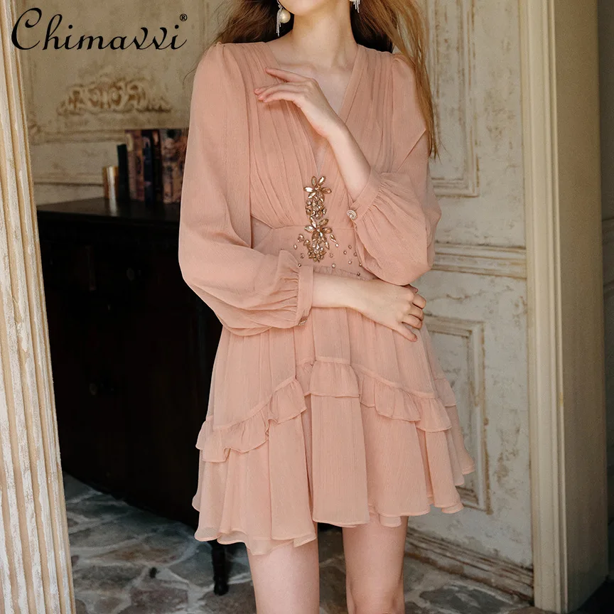 

French Style Elegant Holiday Summer Dress Diamond Deep V-Neck Lantern Sleeve Hollow High Waist A-line Chiffon Short Dress Women