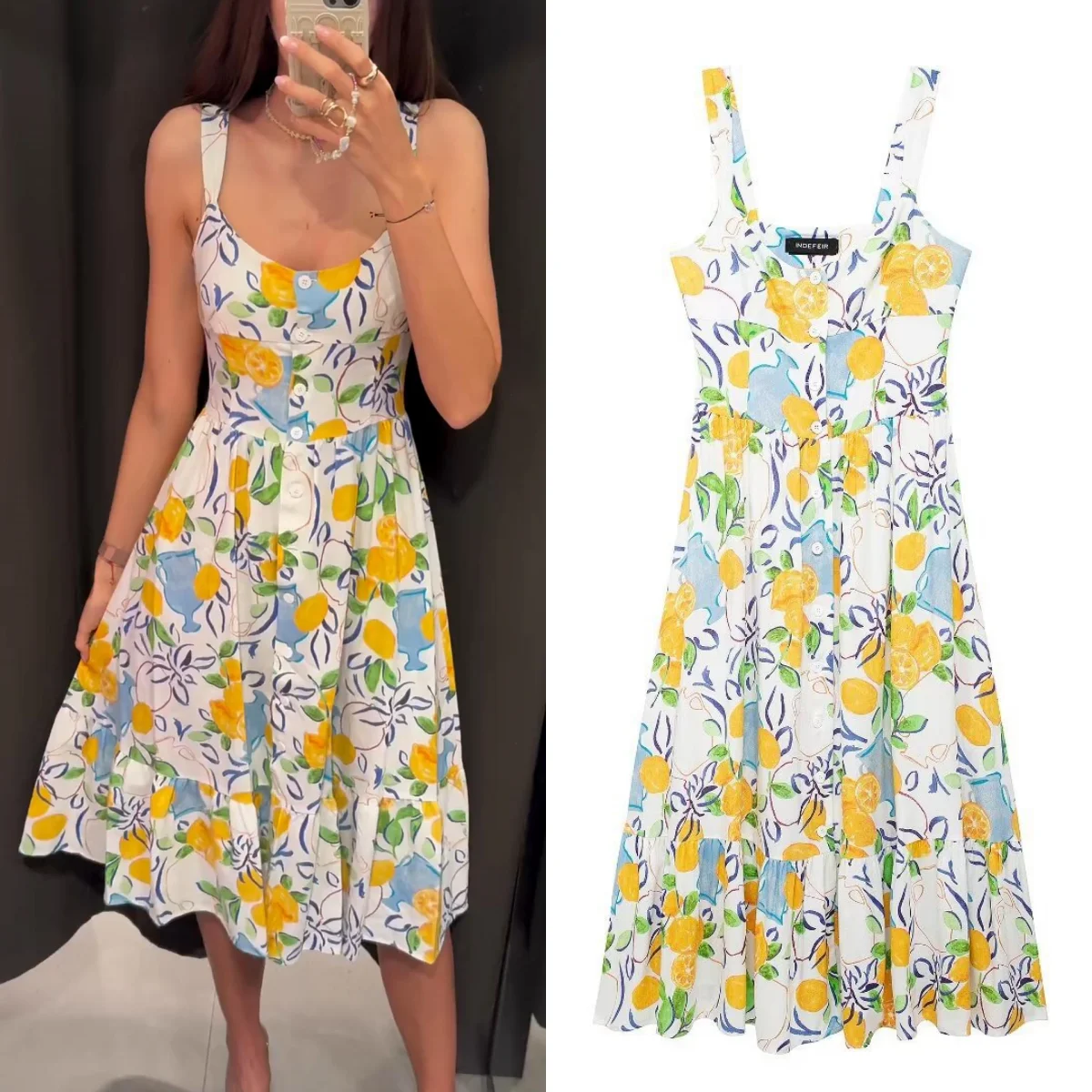  Women's Linen Casual Fruit Print Sleeveless Midi Dress Women Chic Elegant Backless Hem Ruffled Beach Dress 2024 Summer New