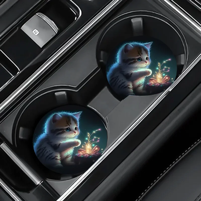 2PCS Car Cup Mats Anti-Slip Cartoon Cat Print Creative Personalized Coaster