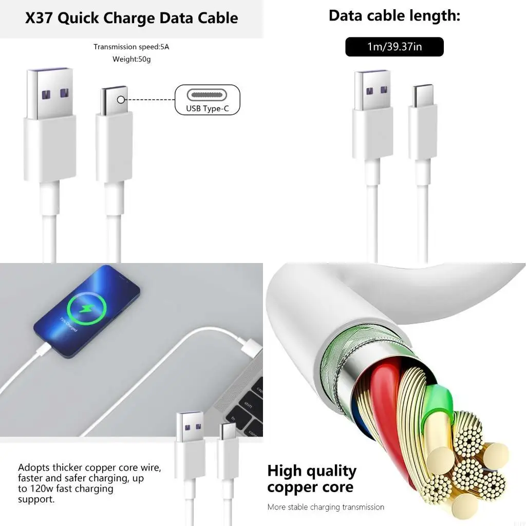 E1PF 1m Length USB Male to USB C Male Charging Cable Cord Data Sync Line for Phones