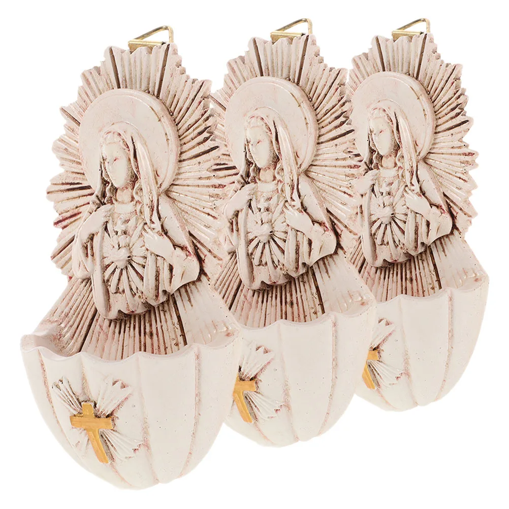 

3 Pcs Holy Water Basin Catholic Wall Hanging Statue Plaque Decor Sculpture Christian Font Virgin Resin Crafts Church