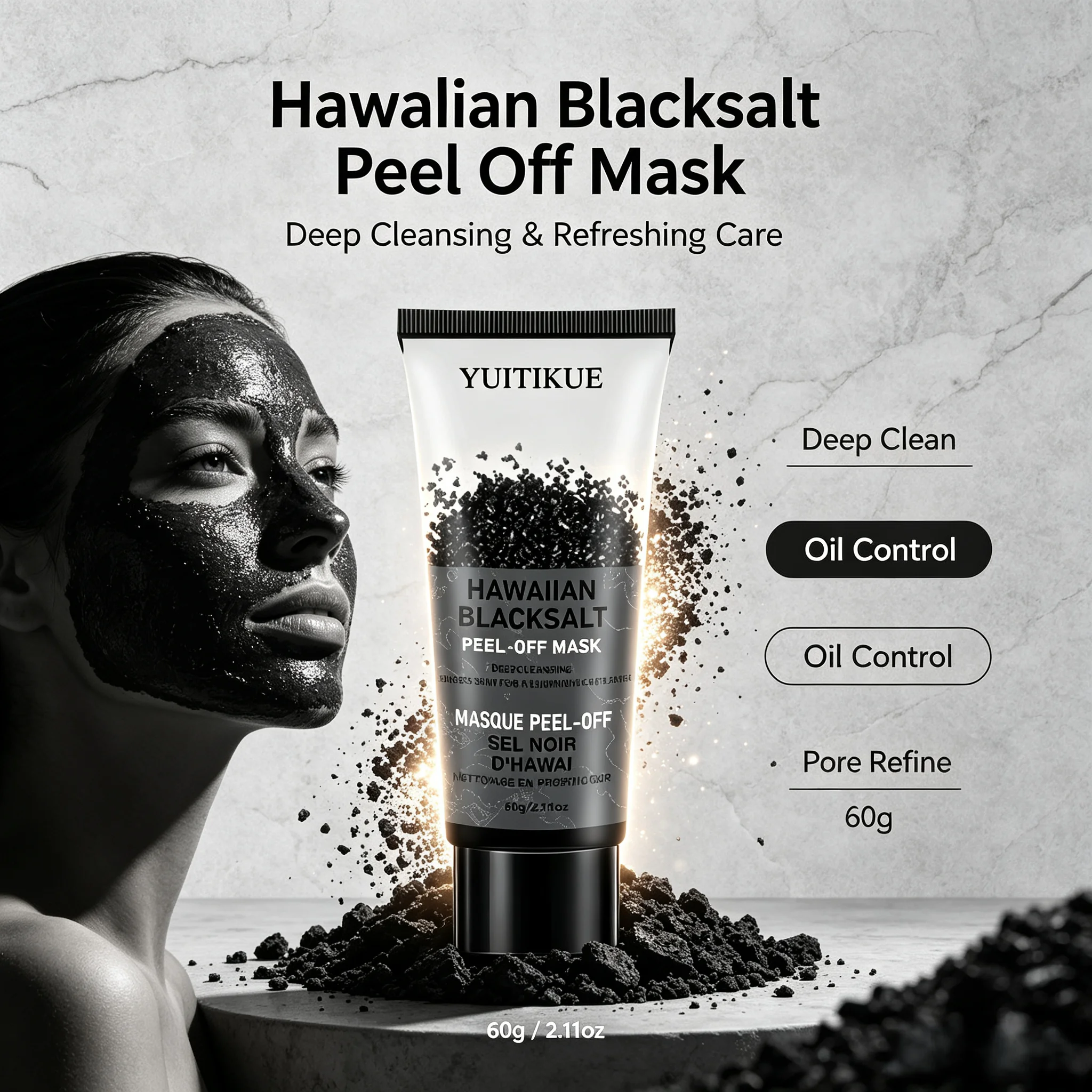 YUITIKUE Hawaiian Blacksalt Peel Off Mask 60g Deep Cleansing Purify Pores Brighten Complexion Gentle Facial Skin Care Mask