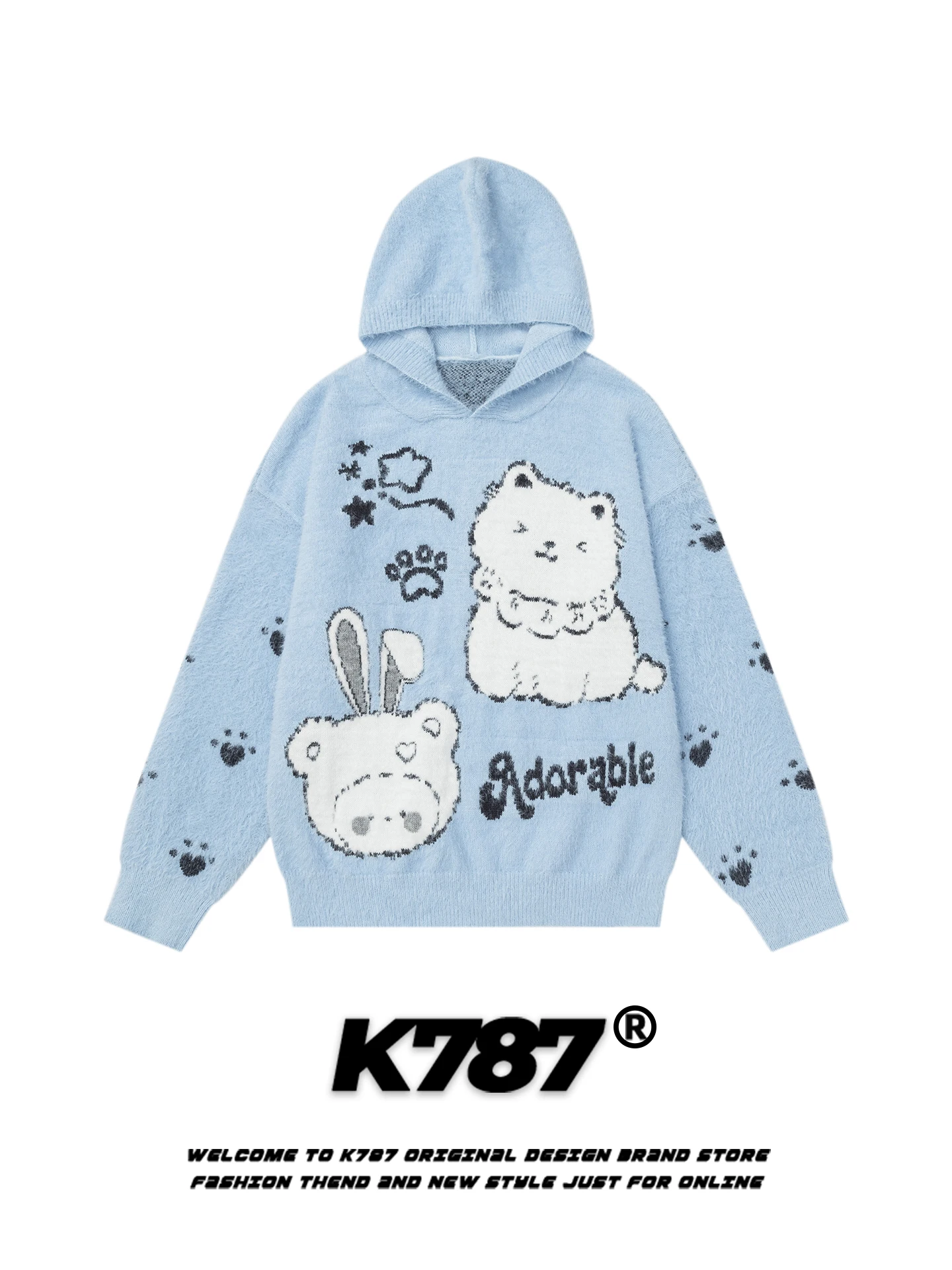 

Американский ретро-стиль: вязаная шапка и свитшот для женщин, уютный синий комплект для зимы, теплая повседневная модная одежда