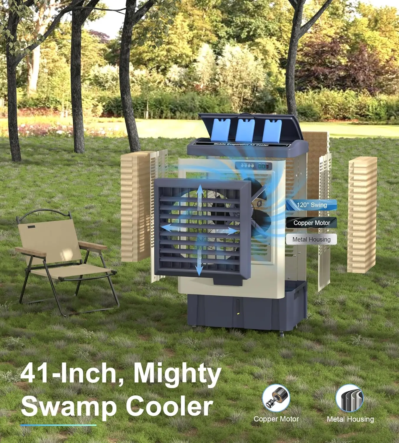 مبرد مستنقع مقاس 41 بوصة، 3 سرعات، 120 °   أرجوحة، خزان مياه سعة 10.6 جالون، 3 عبوات ثلج، مبرد هواء تبخيري خارجي للفناء والساحة