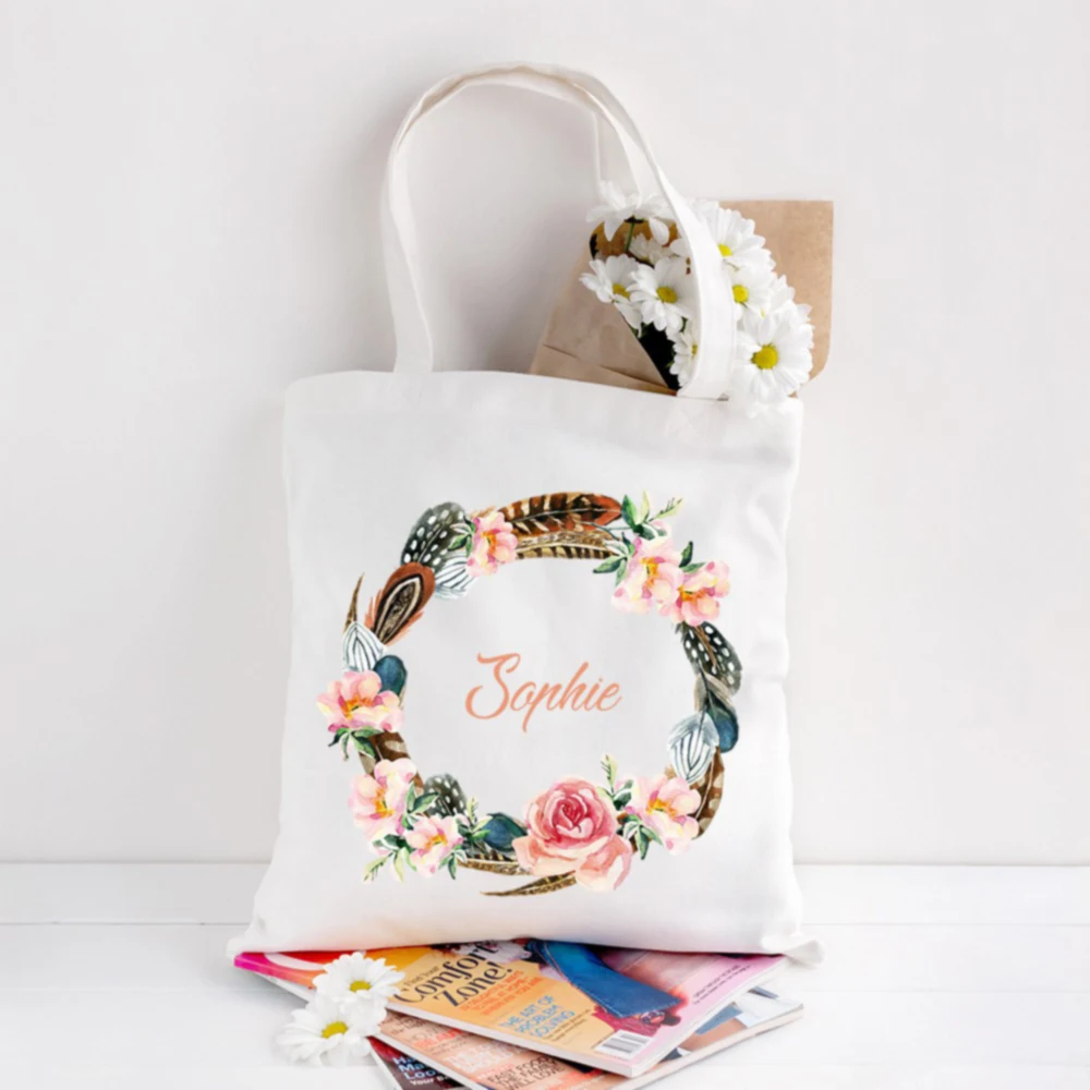 Benutzer definierte Name Blumenkranz jeden Tag Einkaufstasche Baumwolle Leinwand Schulter Shopper Einkaufstasche Studenten Lehrer Buch Reise Lagerung Handtasche