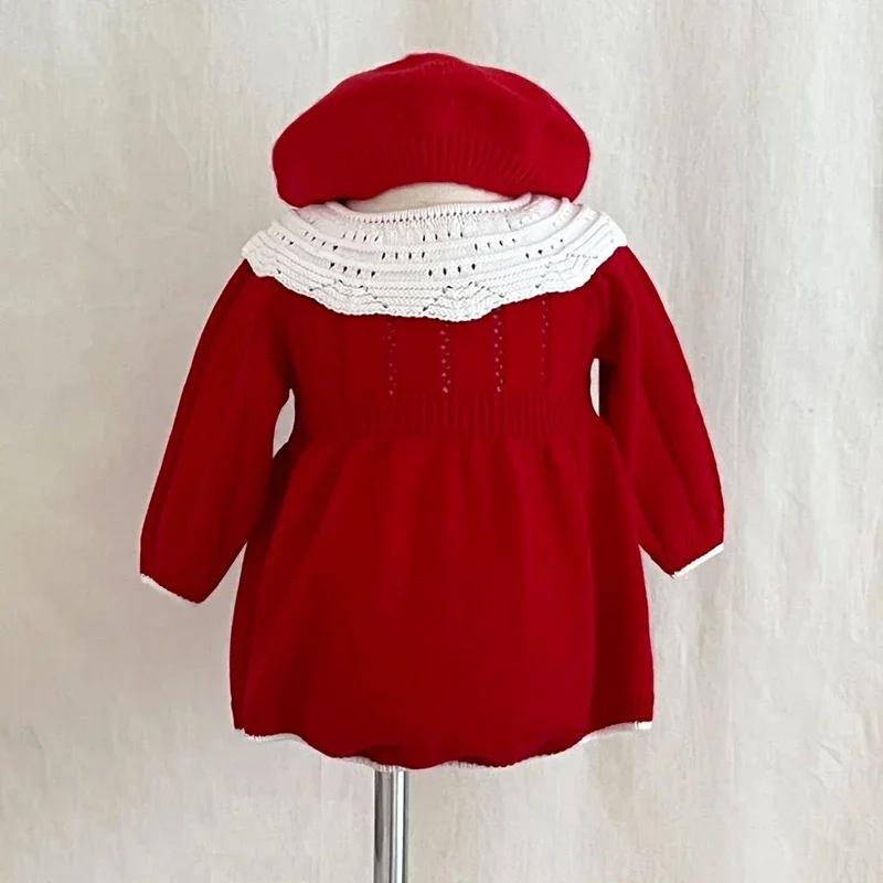 

Baby Girls Jumpsuit Knitted Newborn Baby Cotton Red Long Sleeved Lace Collar Romper Autumn Baby Bodysuit Sweater