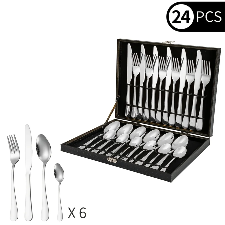 24-Piece Western Tableware Set, Golden Wooden Gift Box, Full Set of Knife Fork Spoon, Home & Hotel Steak Cutlery