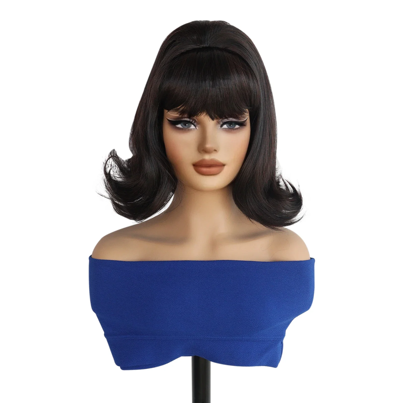 

12inch Dark Brown Wigs with Bangs Retro Wavy Beehive Wigs with Bob Wig for Daily Party Use 60s 70s Vintage Costume Wigs