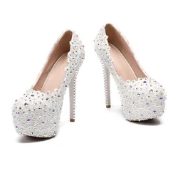 Women Pumps Sexy Luxury Shallow Platform Wedding PU 14CM Thin Heels Round Toe Flower Lace Rhinestone Party Woman Shoes