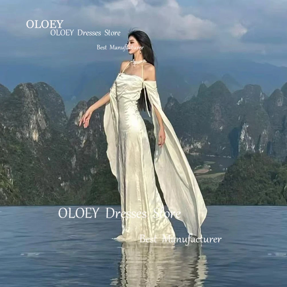 

OLOEY Simple Sexy Silk Long Wedding Dresses Korea Photoshoot Women Off Shoulder Long Sleeves Bride Gown White Formal Party Dress