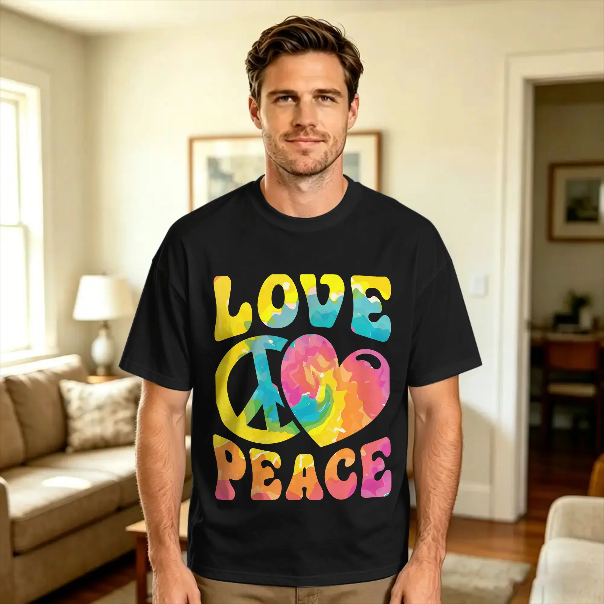 Hippie Love Peace Sign Heart Tie Dye Retro Cotton T Shirt For Man Summer  Streetwear T-Shirts Fashion Tees Wholesale Tops