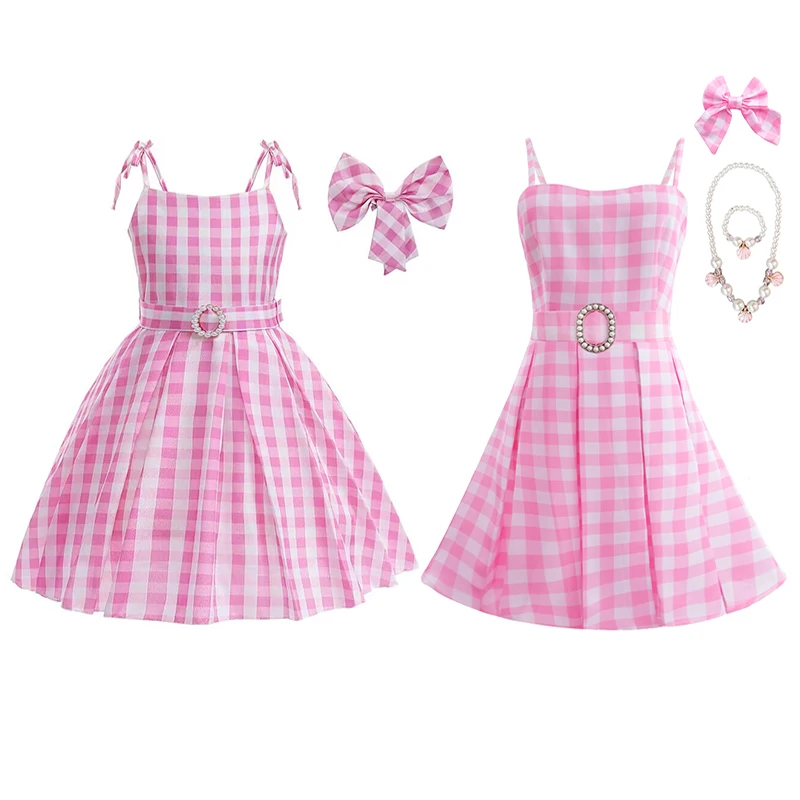 

Movie Princess Margot Robbie Cosplay Children Plaid Dress Kids Girls Full Set Birthday Clothing Halloween Carnival