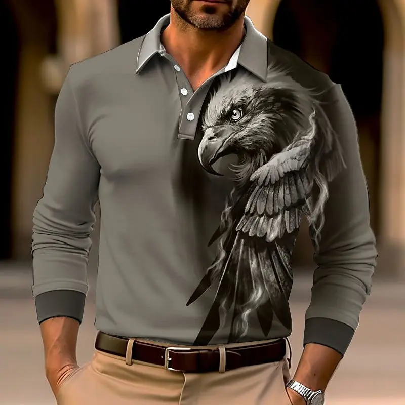 

Autumn Winter Plus Size Men's Long Sleeve Polo Shirt 3D Eagle Pattern Printed Tops Street Hip Hop Leisure Fashion Men Clothing