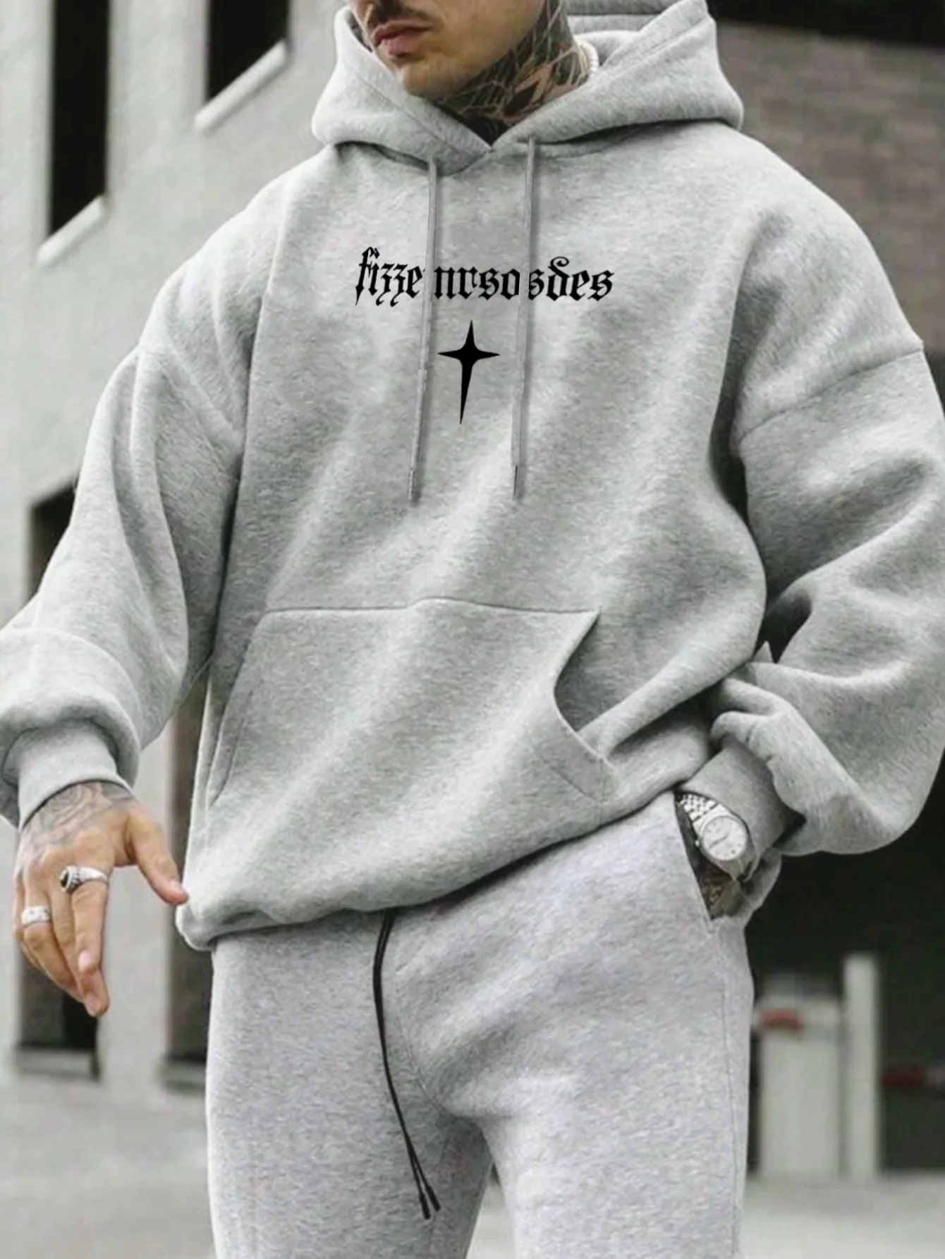 Men\'s new trend fashion high quality leisure letters double-sided printed fitness pullover solid color hoodie