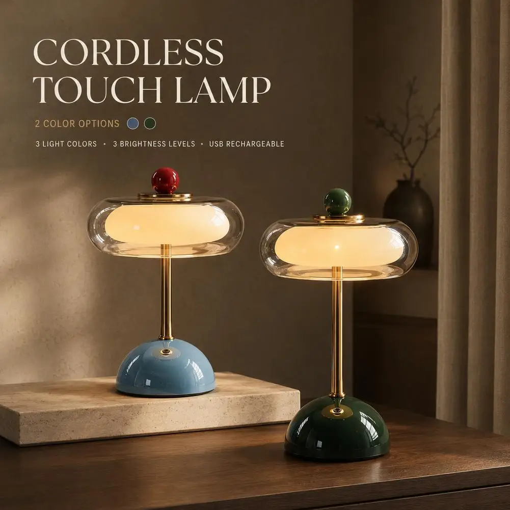 Cordless Touch Control Table Lamp Rechargeable 3 Color Dimmable LED Glass Desk Lamp Retro Bedside Night Light for Bedroom Home