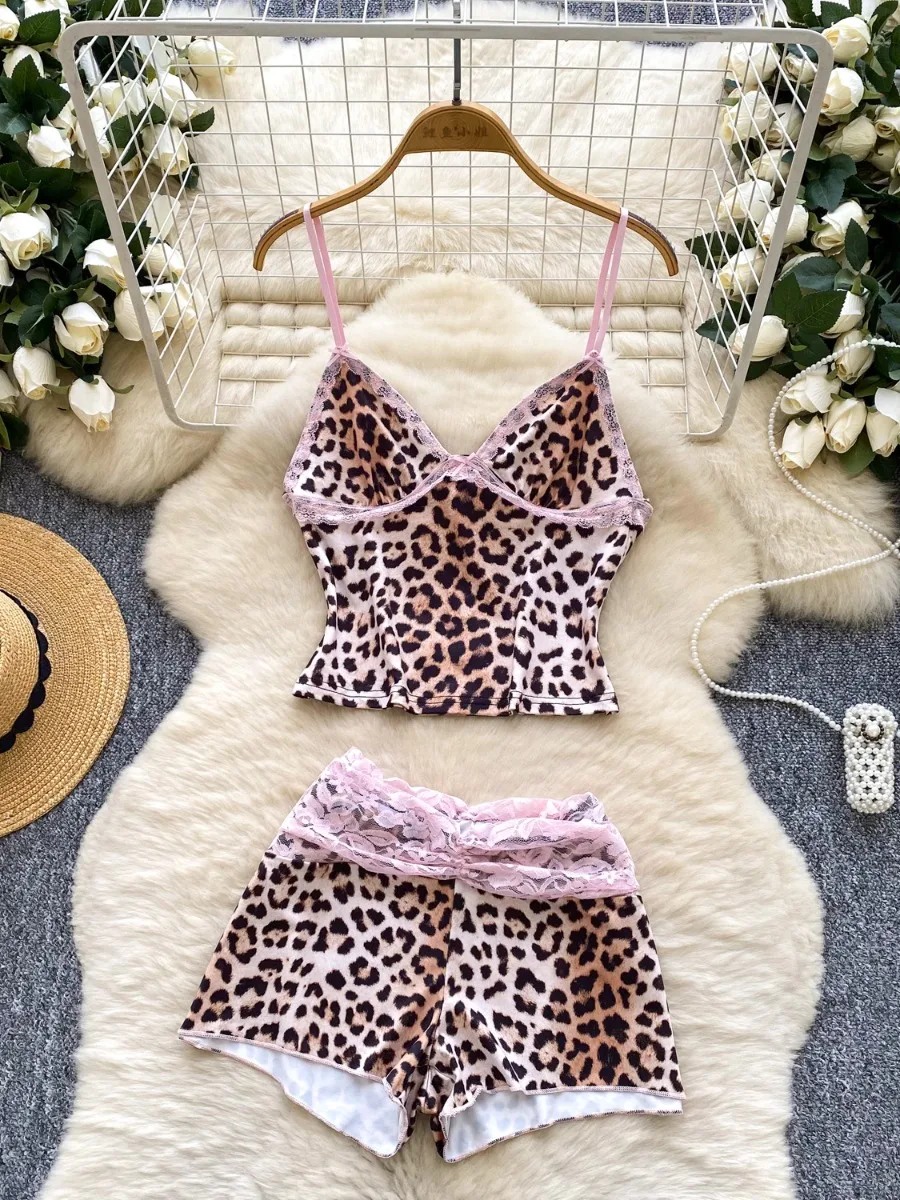 

Foamlina Trendy Lace Patchwork Halter Strap Vest +high Waist Leopard Print Short Pants Girl's High Street Two Piece Shorts Set