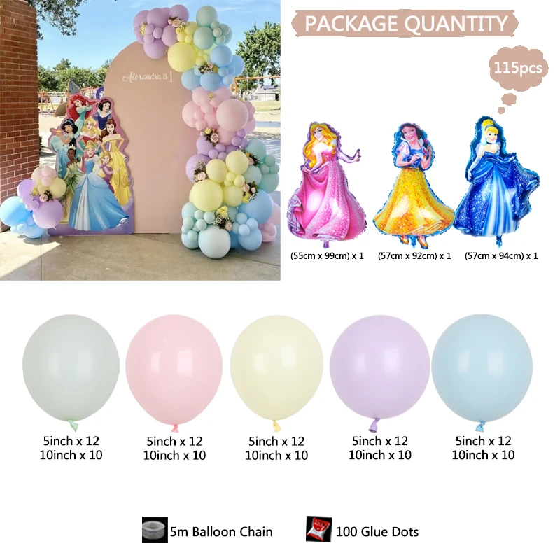 115Pcs Disney Cartoon Princess Theme Balloons Garland Arch Kit Birthday Party Supplies Decorations for Girls