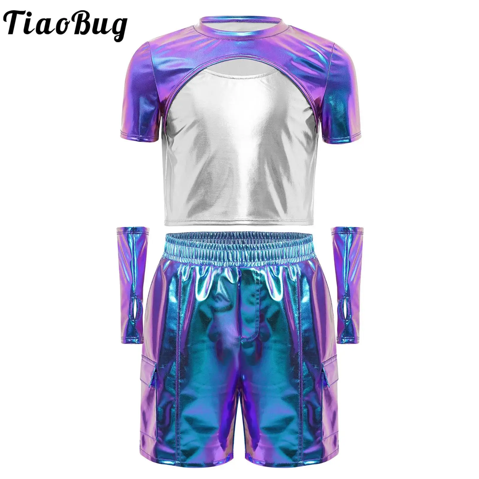 

Kids Girls Jazz Hip-Hop Dance Performance Outfit Metallic Modern Dance Short Sleeve Top with Gloves and Shorts Cheerleader Suits